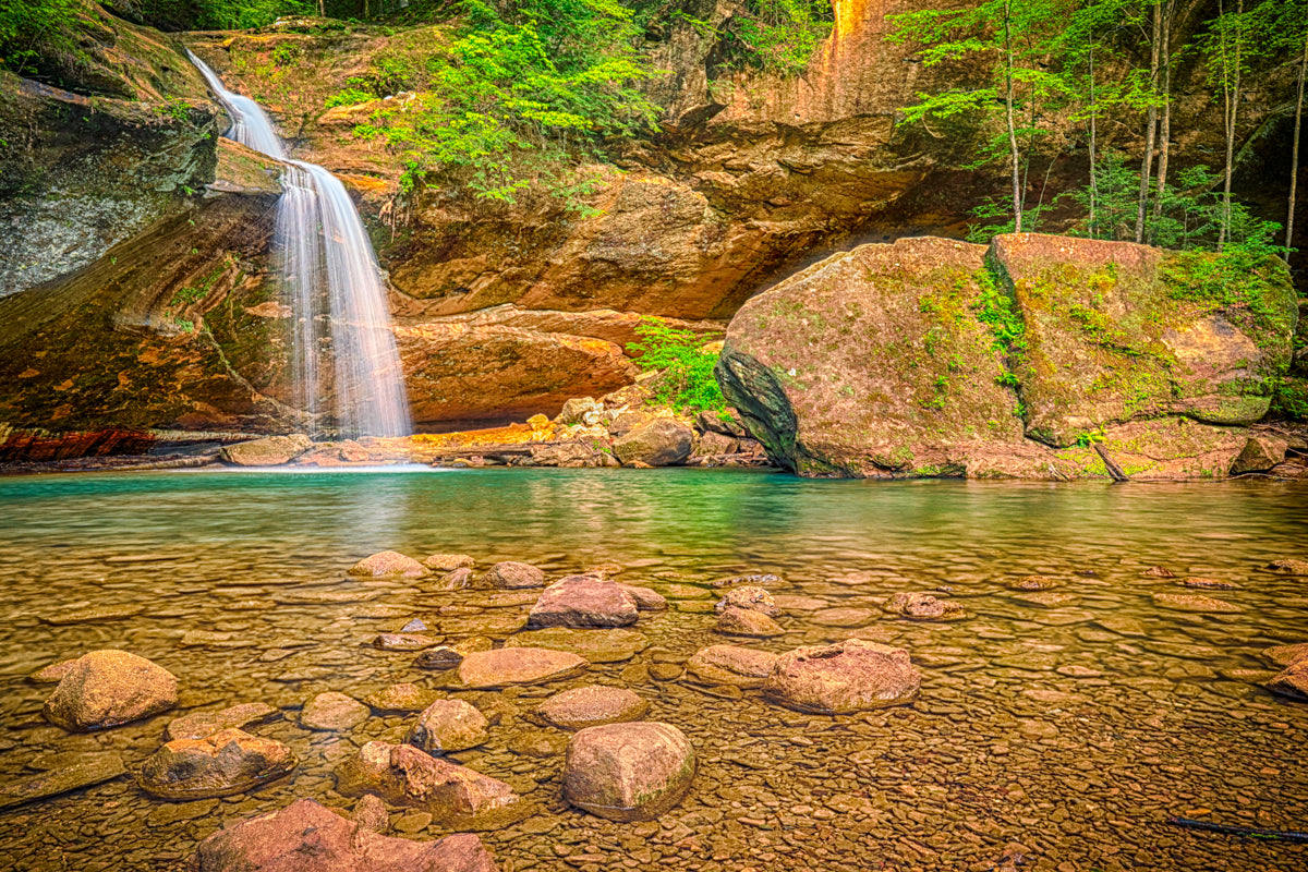 Gorgeous waterfall photograph with a reflection taken at Lower Falls, Hocking Hills, Ohio